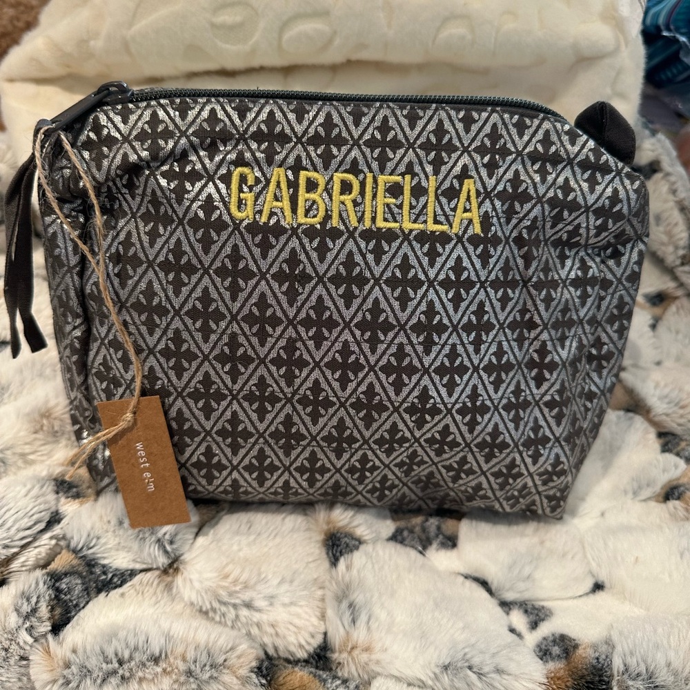 WEST ELM Large Metallic Cosmetic Bag "GABRIELLA" monogram NEW Rare!